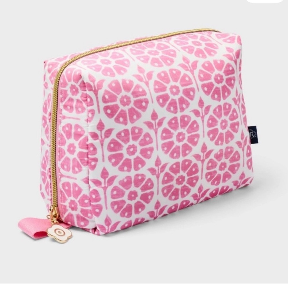 Roller Rabbit Pink Floral Cosmetic Pouch with Gold Zip-NEW